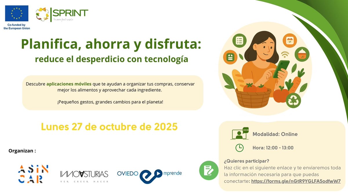 📱💡 Aprende a reducir el desperdicio alimentario con Apps.
 🗓️ 27/10, 12:00-13:00 h | Online
 💚 Taller gratuito: Planifica, ahorra y disfruta
 🔗 Inscríbete aquí: sprintzerofoodwaste.eu/event-item/pla…