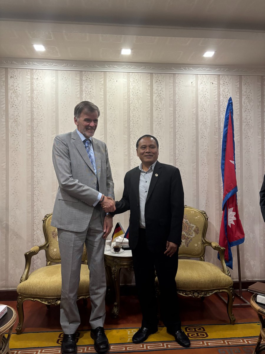 GerAmbKTM's tweet photo. It was a pleasure meeting with Energy Min. Hon. Kul Man Ghising. We discussed ongoing Nepal–Germany energy projects and explored future opportunities in the sector. It's truly remarkable to witness Nepal’s progress in electrification and climate-friendly energy. 🇳🇵🤝🇩🇪 https://t.co/ZuqbKRhHjZ