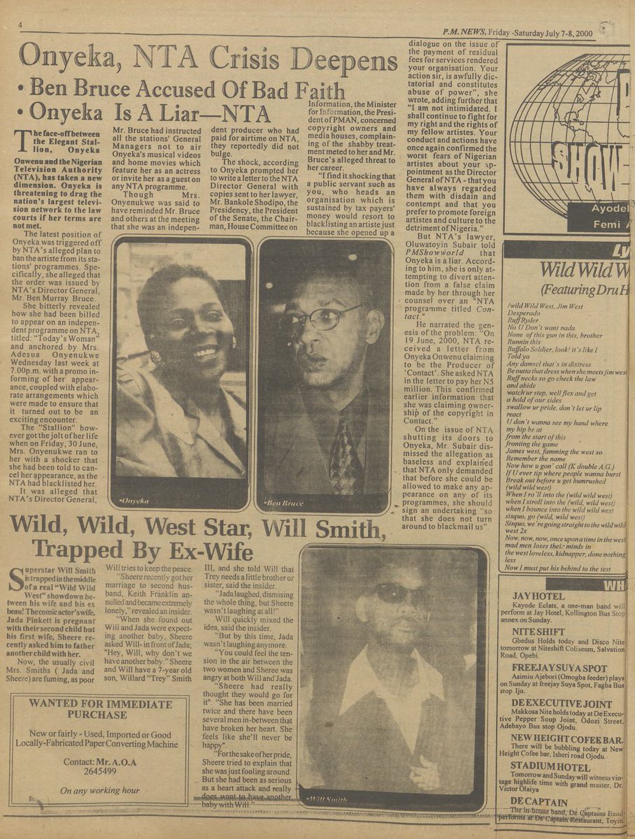 StartArchiving's tweet image. “Onyeka, NTA Crisis Deepens - Ben Bruce Accused Of Bad Faith” — P.M. News, 2000
“The latest position of Onyeka was triggered off by NTA’s alleged plan to ban the artiste from its stations’ programmes. She alleged that the order was issued by NTA’s Director General, Mr. Ben…