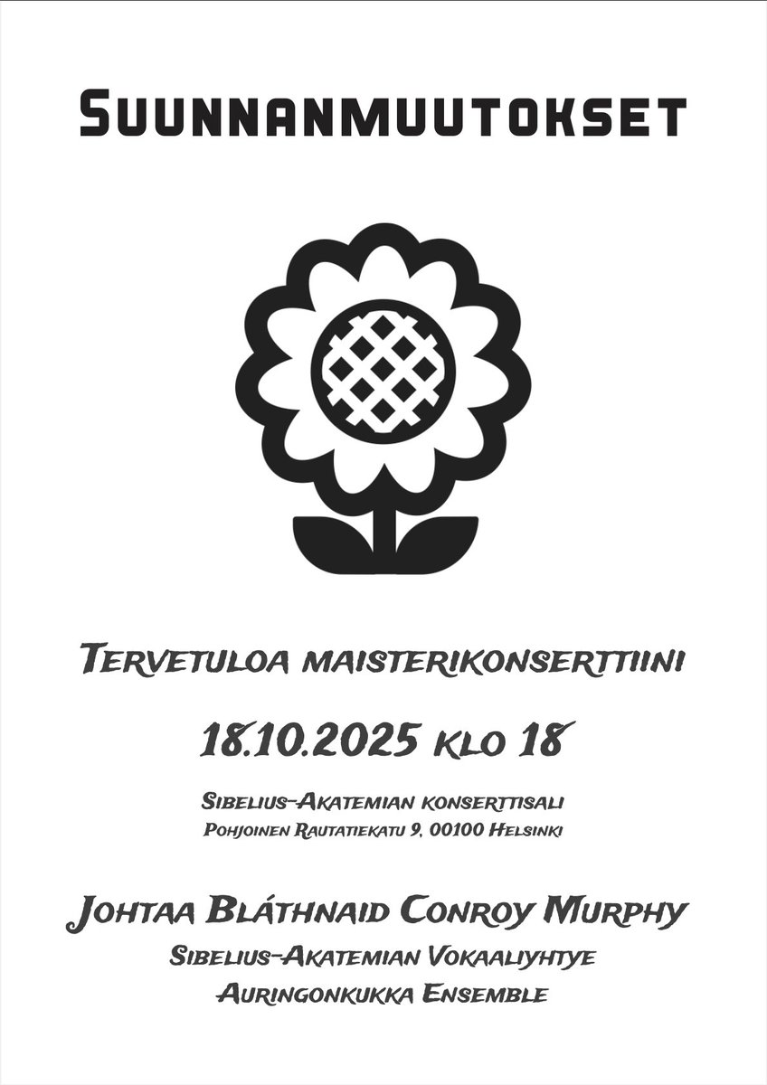 🎶 Music for the weekend 🎶

Irish choral conducting student Bláthnaid Conroy Murphy from <a href="/Taideyliopisto/">Uniarts Helsinki</a> will host her Master's Degree Concert

🎶Saturday 18th October at 18.00
🎶Sibelius Academy Concert Hall

More details below and from:  uniarts.fi/tapahtumat/mas…

🇮🇪🎶🇫🇮
