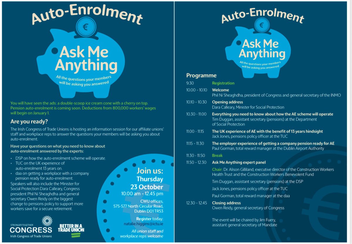 drbambrick's tweet photo. 📣 Calling all union reps

Will you be able to answer your members’ questions when the first auto-enrolment contributions are deducted from 800,000 pay packets in January?

Fear not @irishcongress has you covered!

Auto-Enrolment Ask Me Anything

Next Thursday 23rd Oct. Sign up✍️ https://t.co/Kpae3ar10q