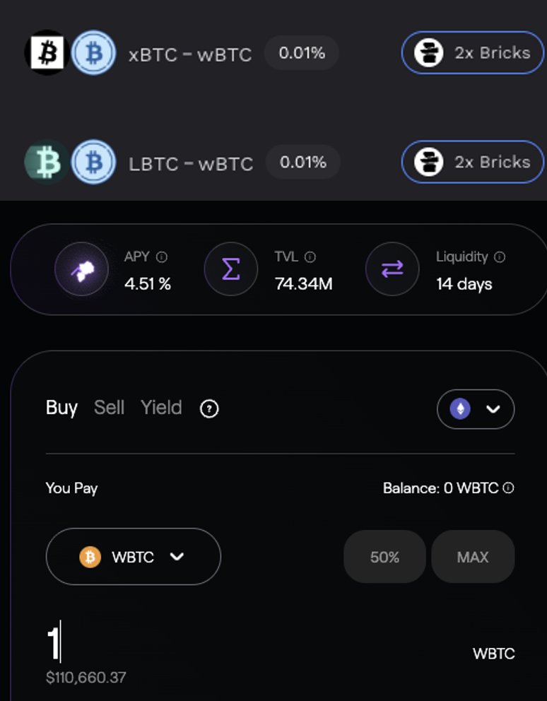 현 시점 노는 $BTC 예치하기 가장 좋은곳 두개

1. <a href="/MMTFinance/">MomentumⓂ️Ⓜ️T</a> 
지난달 까지만 해도 OKX 이벤트로 BTC페어로만 최대 10%까지의 APY를 받으며 브릭스도 쌓을수 있었던 대 혜자 풀이었지만, 지금은 단순히 $MMT 에어드랍을 위한 브릭스 파밍용 입니다.
xBTC - wBTC 풀이나 LBTC - wBTC풀에 넣어 IL을