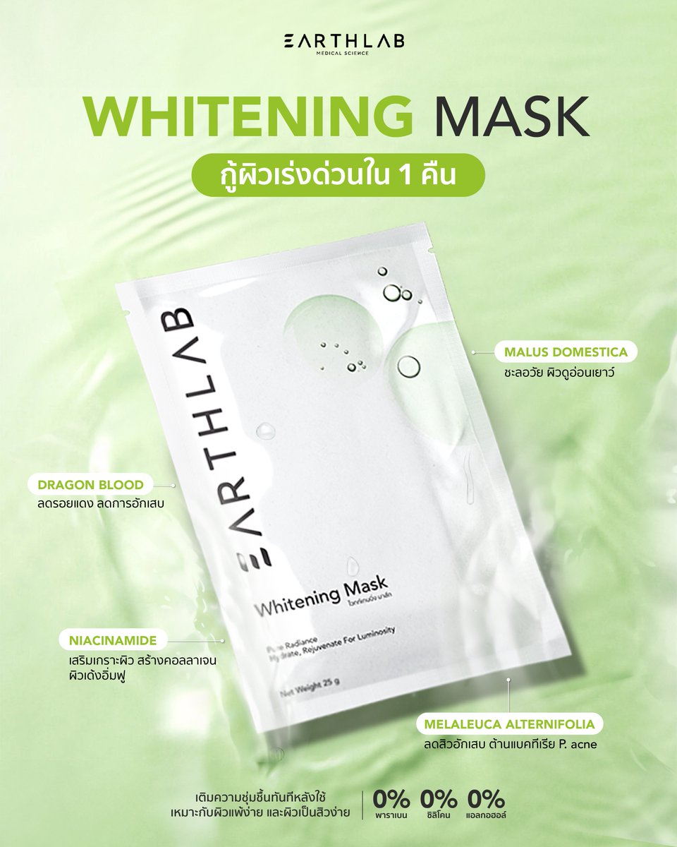 EARTHLABSK's tweet photo. กู้ผิวโทรม ฟื้นฟูได้ใน 1 คืน 
ด้วย EARTHLAB Whitening Mask 🍏
มาสก์สูตรอ่อนโยนจากสารสกัดธรรมชาติ 

✔️ เติมความชุ่มชื้นทันทีหลังใช้
✔️ ลดรอยแดง อักเสบ ผิวแพ้ง่ายใช้ได้
✔️ เสริมเกราะป้องกันผิวให้แข็งแรง
✔️ ผิวดูเด้ง อิ่มน้ำ และสว่างใสขึ้นตั้งแต่ครั้งแรก

สารสกัดพรีเมียมจากธรรมชาติ
Malus Domestica / Dragon Blood / Niacinamide / Melaleuca Alternifolia 

ผิวใสไม่ต้องรอ 7 วัน แค่ 1 คืนก็รู้สึกได้ ⭐️
อ่อนโยน ปลอดภัย เหมาะกับทุกสภาพผิวโดยเฉพาะผิวแพ้ง่าย

#EARTHLAB #EarthlabSkincare #skincare #Mask #WhiteningMask