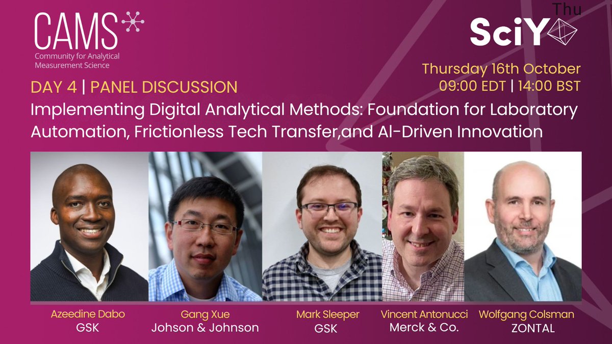 SciYSoftware's tweet image. ⏰ Don’t miss today’s panel at CAMS FutureLab: Chemistry in the Digital Age!
Implementing Digital Analytical Methods: Foundation for Laboratory Automation, Frictionless Tech Transfer, and AI-Driven Innovation.
Register before it starts: goto.bruker.com/497NPLJ
#CAMS #FutureLab