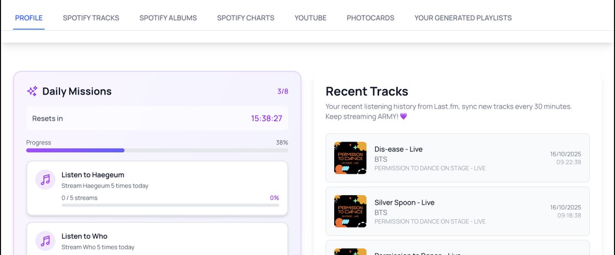 Daily missions to earn more photocard is here, connect your LastFM username and start streaming. 💜

b-cd.app/profile