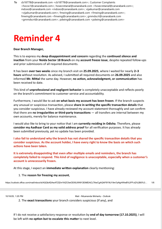 dfe9cfe9's tweet image. My @canarabank savings account (Noida Sector 18 branch) has been frozen for over 3 weeks despite submitting all required documents.

I’ve sent 4 reminders, yet no one has replied — not even to explain the reason for the freeze.
#CanaraBank #BankingIssues