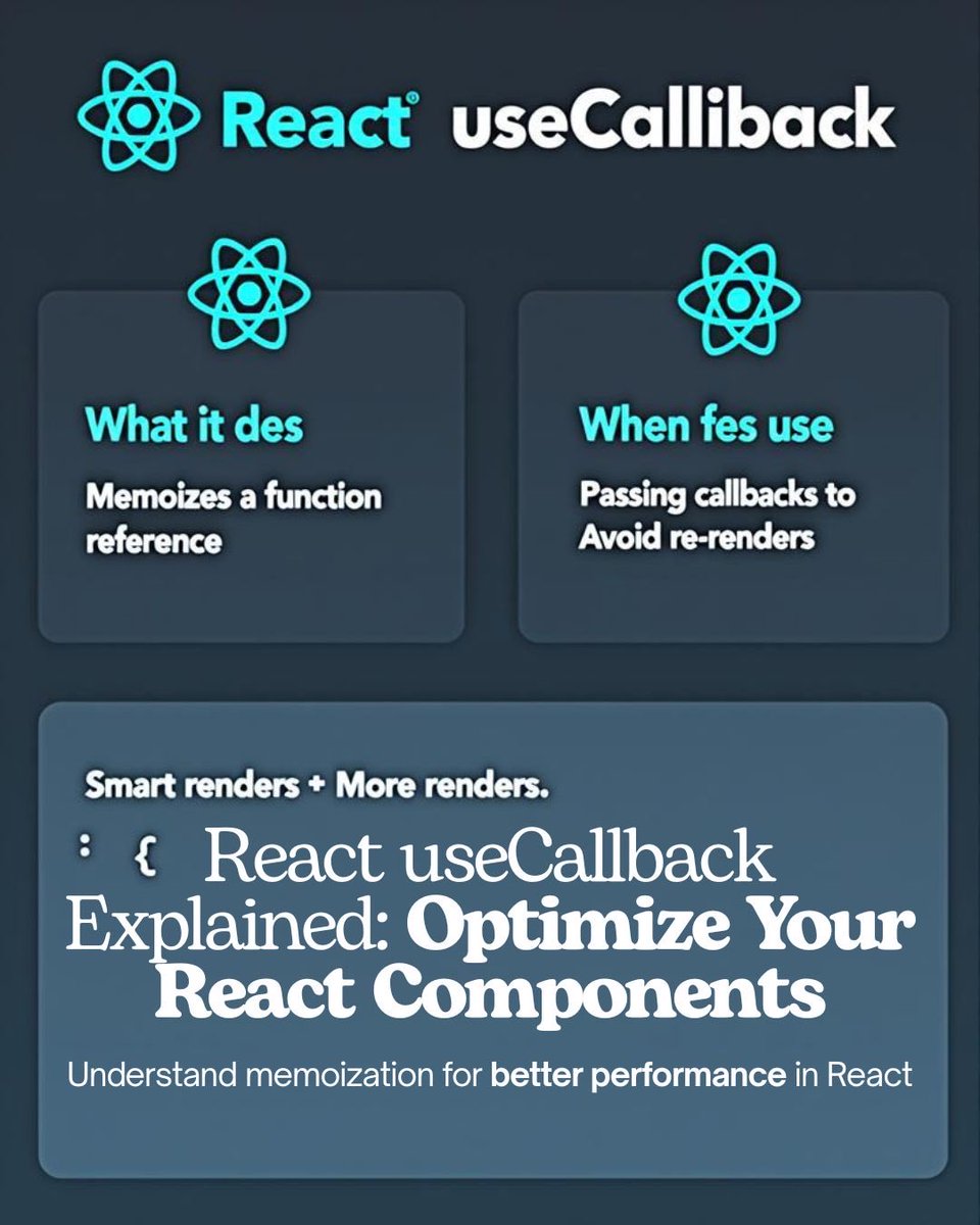 smithvictor_2's tweet image. React Tip ⚡
useCallback(fn, deps) memoizes a function, keeps its reference stable between renders.
✅ Prevents child re-renders
❌ Don’t overuse it,it adds overhead

const handleClick = useCallback(() =&amp;gt; setCount(c =&amp;gt; c + 1), []);
Smart renders &amp;gt; More renders #ReactJS #Frontend