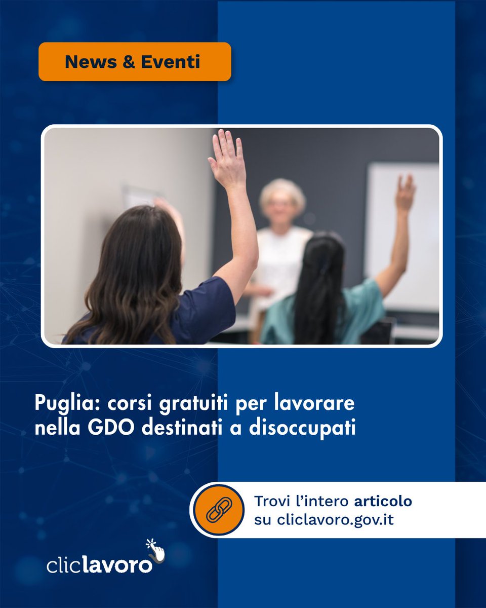 🛒 In Puglia partono corsi #gratuiti per lavorare nella GDO!

Formazione per addetti alle vendite, banchi enogastronomici e magazzino.

💼 I più meritevoli potranno entrare in azienda!
📍 Avvio: 13 ottobre 2025

🔗 Info e candidature su: cliclavoro.gov.it/news/news-even…