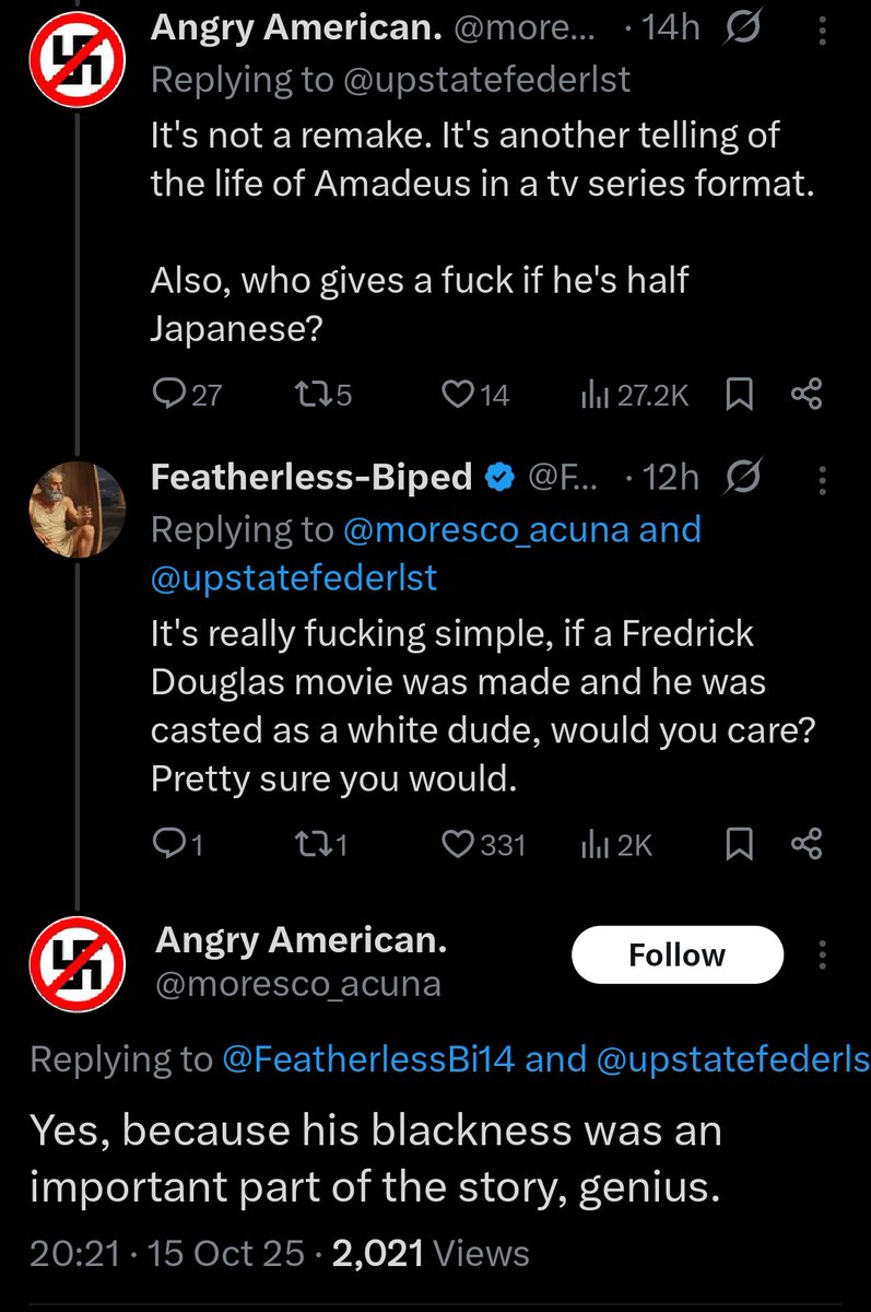 They always play this game with race swaps.

'You can't swap non-White historical figures because race is important to their story.'

But race is important to the story of Mozart, as it was his continent and people that created the conditions and culture that gave rise to him.