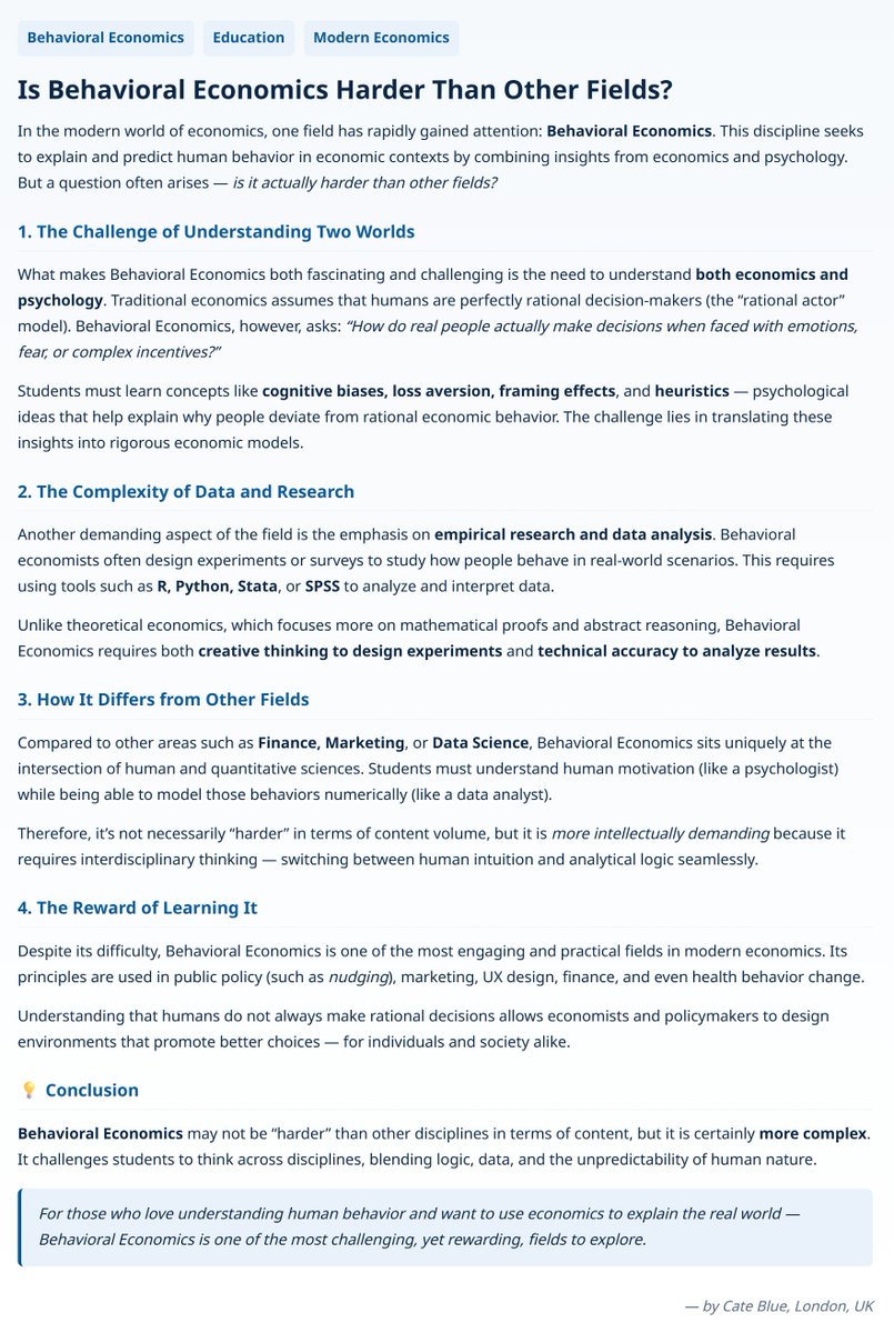 CaterpilaBlue's tweet image. #BehavioralEconomics #EducationModern #Economics
1/ Is Behavioral Economics Harder Than Other Fields?