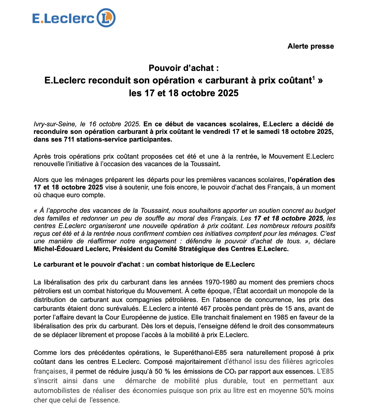 Carburant prix coûtant chez Leclerc pour le premier week-end des vacances d'automne