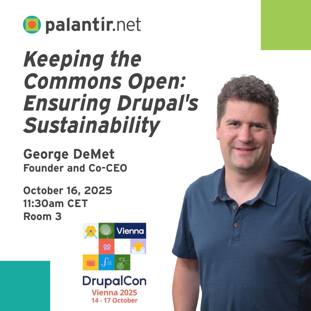 palantir's tweet image. Today at #DrupalCon Vienna, learn how to apply systems theory to your organization's relationship with #Drupal and create a thriving community ecosystem. 11:30am in Room 3.
