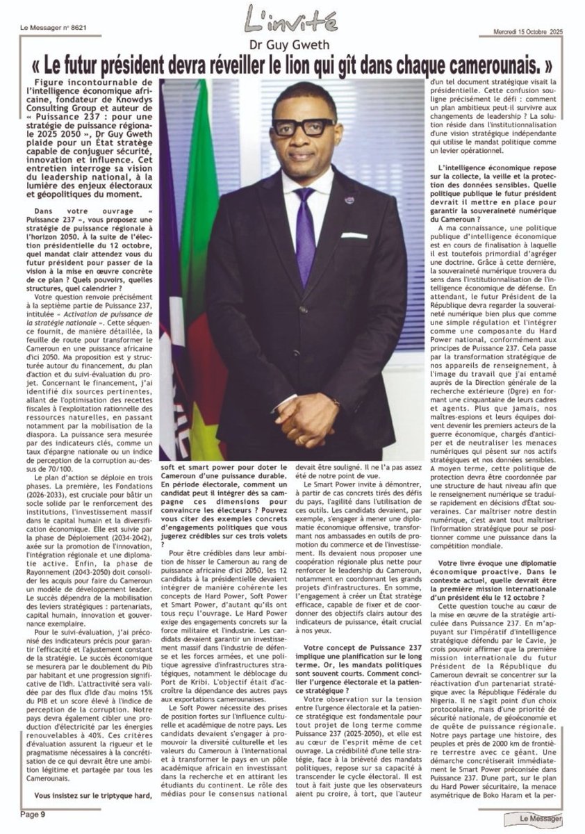 Dans cette interview exclusive accordée au journal #LeMessager n°8621, du 16 octobre 2025 : un décryptage froid de la #Présidentielle du 12 octobre dernier au #Cameroun, d'après la grille d'analyse de l' #IntelligenceStratégique chère au <a href="/cavie_acci/">CAVIE-ACCI</a>, et à l'aune de <a href="/Power_237/">Puissance237</a>.