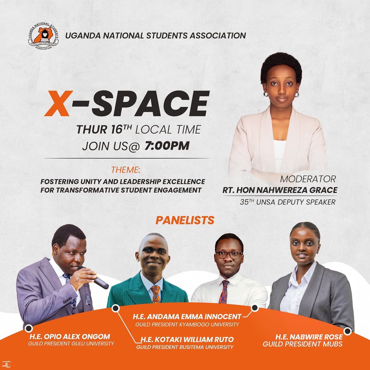 Grace Nuwahereza (@gracebeshekyesa) on Twitter photo Happening tonight at 7:00 PM๐Join the <a href="/unsaugofficial/">Uganda National Students Association (UNSA)</a> X-Space as we discuss unity and leadership excellence for transformative student engagement.
<a href="/unsaugofficial/">Uganda National Students Association (UNSA)</a> <a href="/Educ_SportsUg/">Ministry of Education and Sports - Uganda</a> <a href="/Nabwirerrose/">Rose Nabwire</a> <a href="/BusitemaUni/">Busitema University</a> <a href="/kyambogou/">KYAMBOGO UNIVERSITY</a> <a href="/OfficialMubs/">Makerere University Business School</a> <a href="/GuluVarsity/">Gulu University</a> <a href="/JanetMuseveni/">Janet K Museveni</a> Happening tonight at 7:00 PM๐Join the <a href="/unsaugofficial/">Uganda National Students Association (UNSA)</a> X-Space as we discuss unity and leadership excellence for transformative student engagement.
<a href="/unsaugofficial/">Uganda National Students Association (UNSA)</a> <a href="/Educ_SportsUg/">Ministry of Education and Sports - Uganda</a> <a href="/Nabwirerrose/">Rose Nabwire</a> <a href="/BusitemaUni/">Busitema University</a> <a href="/kyambogou/">KYAMBOGO UNIVERSITY</a> <a href="/OfficialMubs/">Makerere University Business School</a> <a href="/GuluVarsity/">Gulu University</a> <a href="/JanetMuseveni/">Janet K Museveni</a>