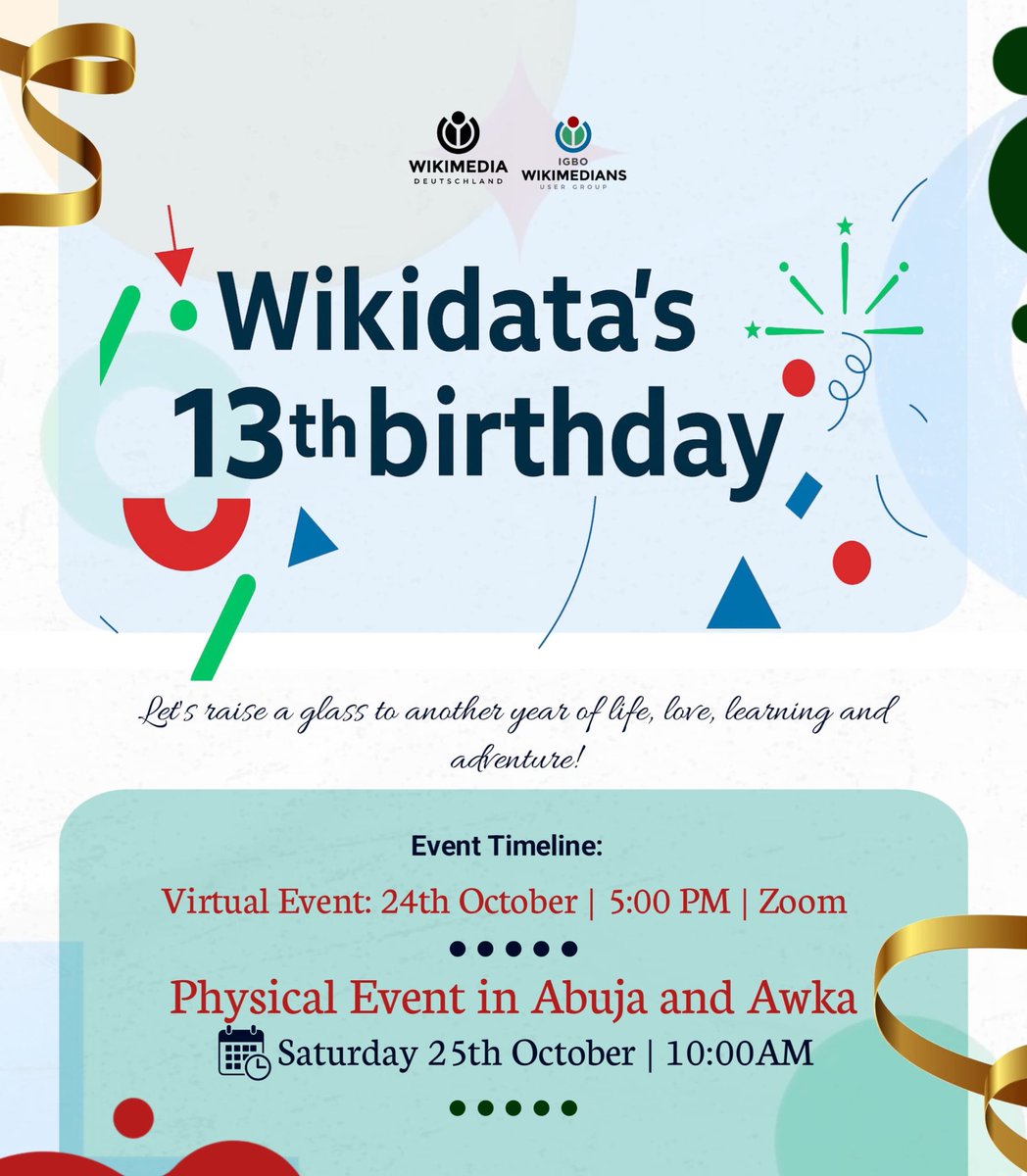 wikimediaigbo's tweet image. Ndewo!

We are thrilled to invite you to join the Wikidata 13th Birthday Celebration in the Igbo Wikimedians community — a moment to celebrate collaboration, knowledge and data that connects the world!

This year’s celebration will be held in two exciting sessions:
📅 #SeeThread