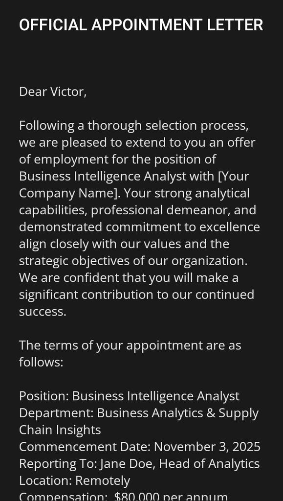 _VictorUgwu's tweet photo. Guys, It has happened 

Congratulations 🎉 to me for bagging this job>>>>>>>>$80,000.

PS: I'm practicing and tweeting this into existence. I'm coming back to this tweet in the future. 

#BusinessIntelligence #PowerBI #Excel #Datavisualization https://t.co/abGMlt7M12