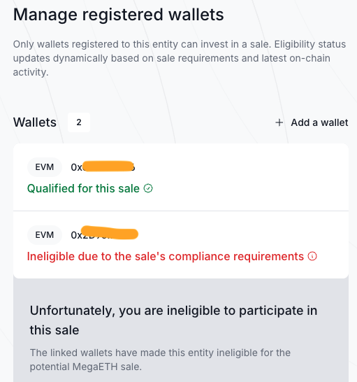 我有个老 Echo 账号，看了眼说"没资格参加 megaETH 打新"。

仔细一查：
1&gt; KYC 符合条件
2&gt; 两个注册钱包，a 符合条件，b 不符合。----钱包地址 b 被 megaETH 拉黑了？

上次参加 plasma 打新，注册的两个钱包地址。

Echo 好麻烦，还不允许我删除地址 b。。。。🤔
