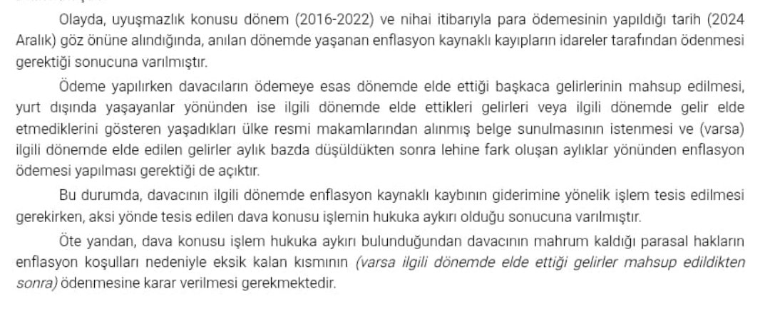 Ankara 23. İdare Mahkemesi'nden KHK ile ihraç edilip yargı kararıyla göreve iade edilenlerin parasal hakları açısından emsal karar:
Müvekkile yapılan ödemede uygulanan yasal faiz oranı enflasyon oranının altında kaldığından mahkeme yapılacak ödemenin kayıbı karşılamadığına, bu