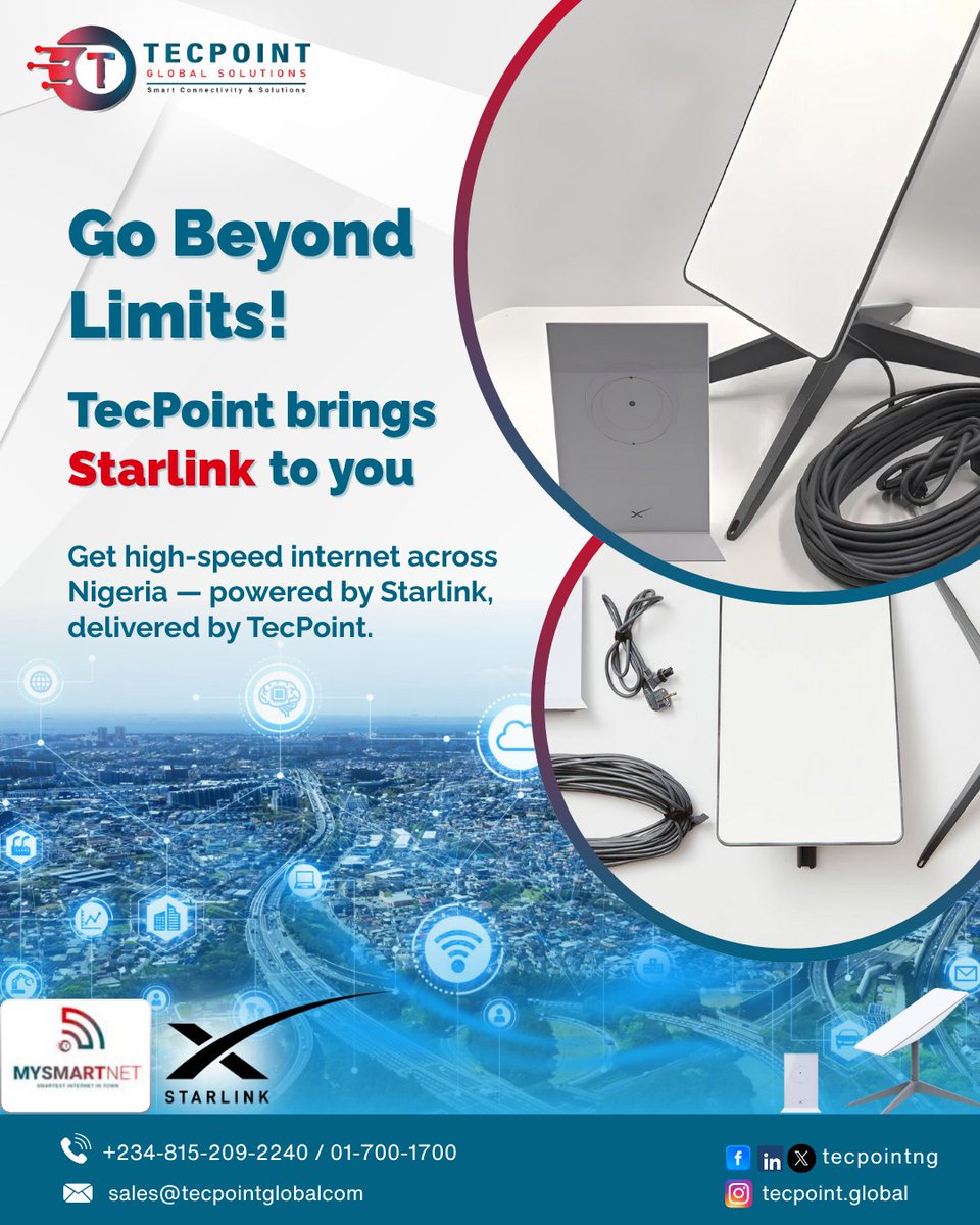 tecpoint_ng's tweet photo. Experience next-level connectivity with Starlink, now available across Nigeria — powered by SpaceX, delivered by TecPoint.
Stay connected wherever you are with ultra-fast, reliable internet for your home, office, or business. 🌍✨
#Starlink #StarlinkNigeria #TecPointGlobal https://t.co/X7Eioke8MX