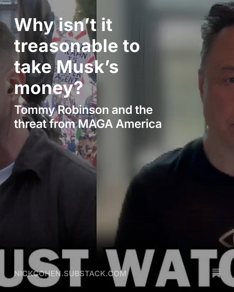 When it comes to inciting violence Elon Musk is as great a danger as Vladimir Putin and Xi Jinping. Why can’t the government treat Musk as a hostile force and Tommy Robinson and all others who take Musk’s money as threats to national security?
Piece from me via link below