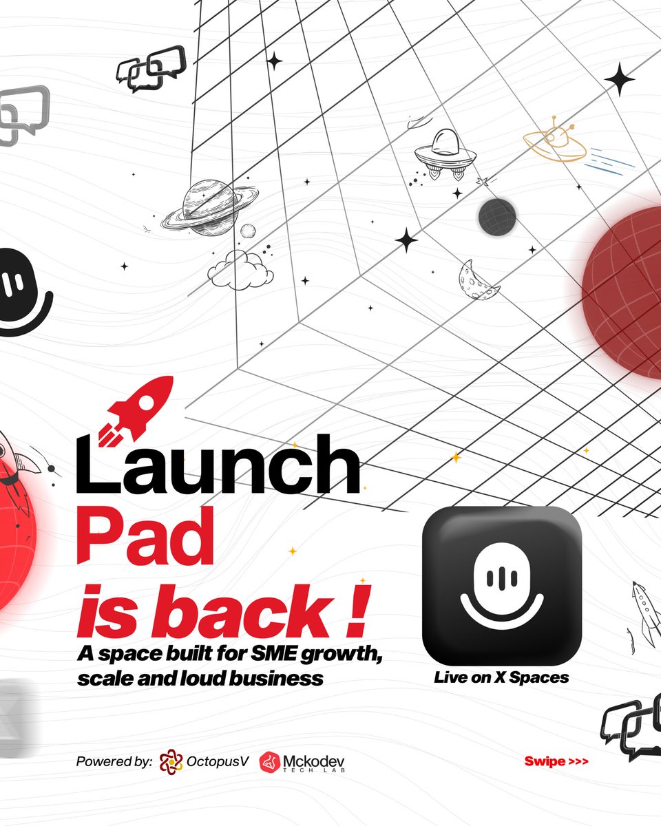 mckodev's tweet image. Launch Pad Live is back! 

Join us on X Spaces as we explore how SMEs can scale using tech, AI &amp;amp; bold ideas. Real talk. Big growth. Loud business. 

#LaunchPadLive #SMEGrowth #TechForScale #AIForBusiness #BuildLoud #XSpaces #OctopusV #McKodev #smes #ekiti #lagos #abuja #smes