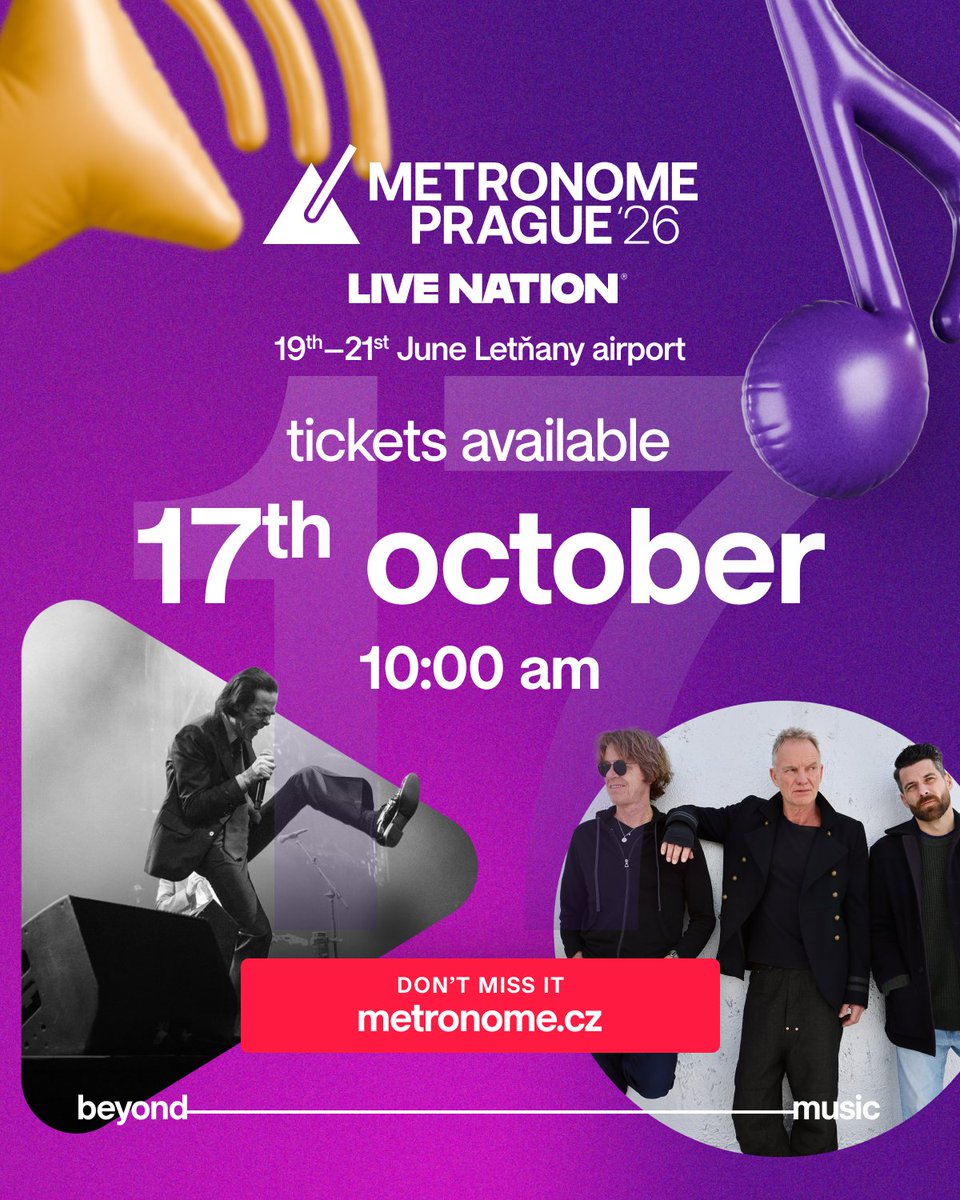 ⌛ Ready, set... 🎫

Tickets for Metronome Prague 2026 will be available tomorrow at 10:00 AM at metronome.cz! 

Nick Cave &amp; The Bad Seeds and Sting are our first headliners. More news to be announced very soon. 😉