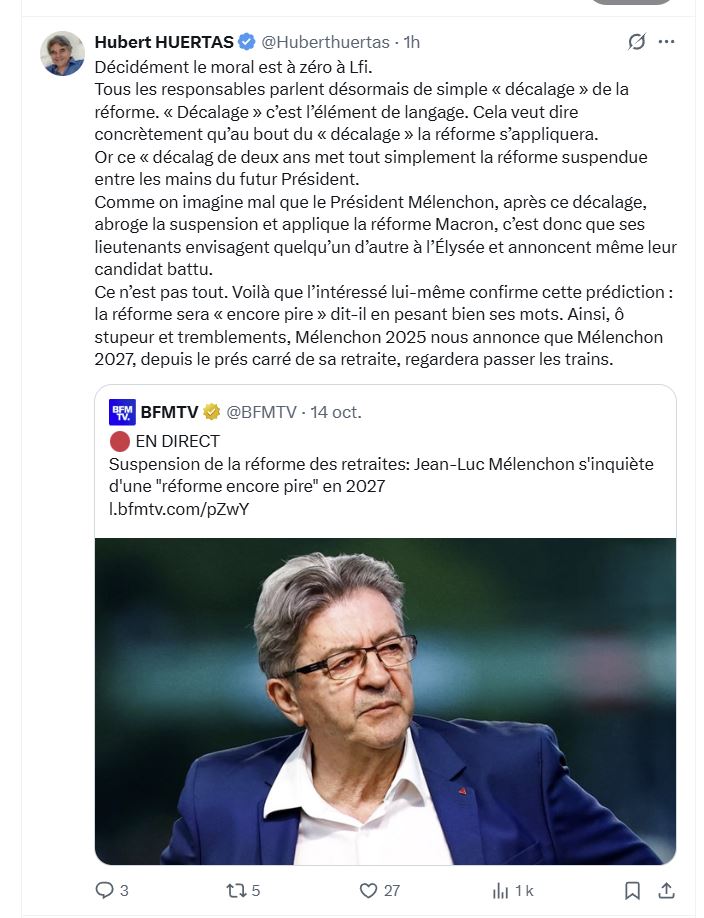 <a href="/JLMPourTous/">Mélenchon, L'Espoir de l'Humanité</a> <a href="/JLMelenchon/">Jean-Luc Mélenchon</a> <a href="/FiAssemblee/">La France Insoumise à l'Assemblée nationale</a> <a href="/FranceInsoumise/">La France insoumise</a> Celui qui a déjà acté sa défaite de 2027 ??