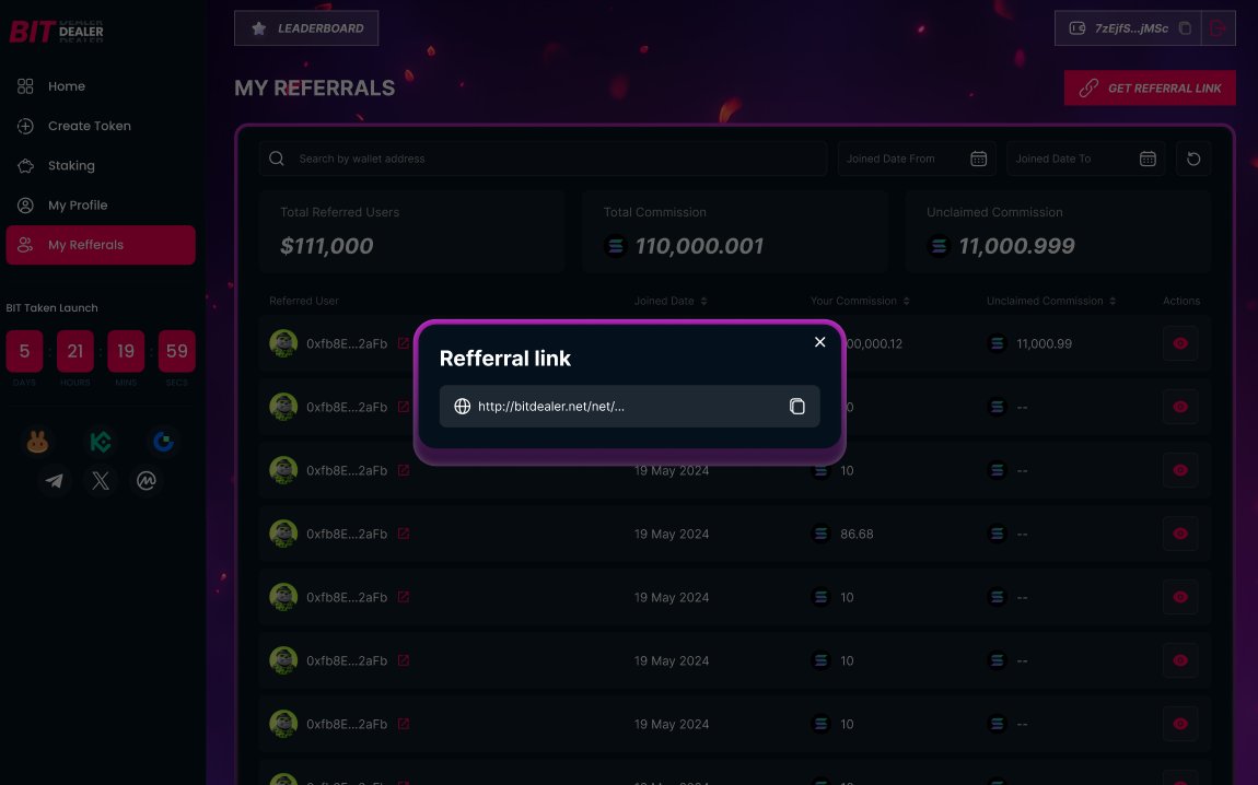 Take advantage of the <a href="/bitdealernet/">Bitdealer</a> Referral program and earn 50% of all fees passively. 

How?  

1. Connect your wallet.

2. Get your Referral link.

3. Post content, people click on your link, and connect their wallet.

4. Now they are your referral for life and anytime they