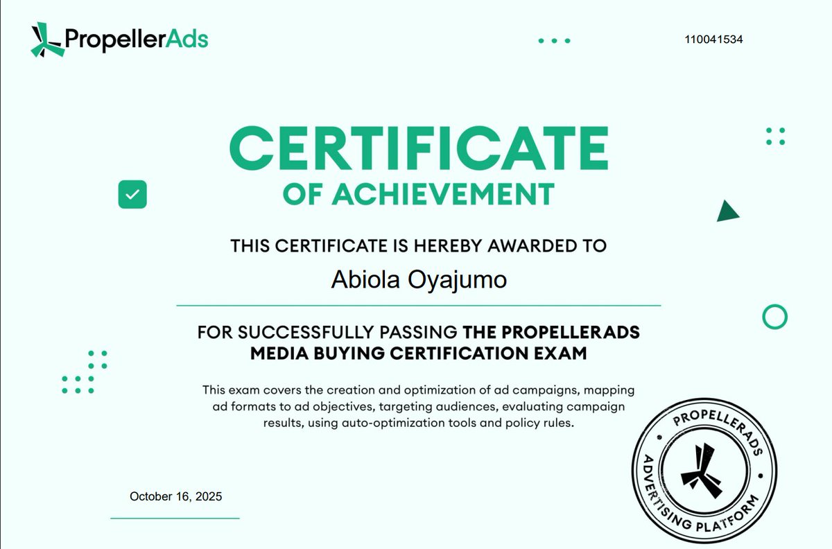 oyajumoabiola's tweet image. Got certified in @PropellerAds 
One thing I learned the hard way: get your tracking right. Don’t skip testing every campaign type. 
I learned that lesson the tough way.
Every platform behaves differently; testing makes all the difference.

#Marketing #PropellerAds