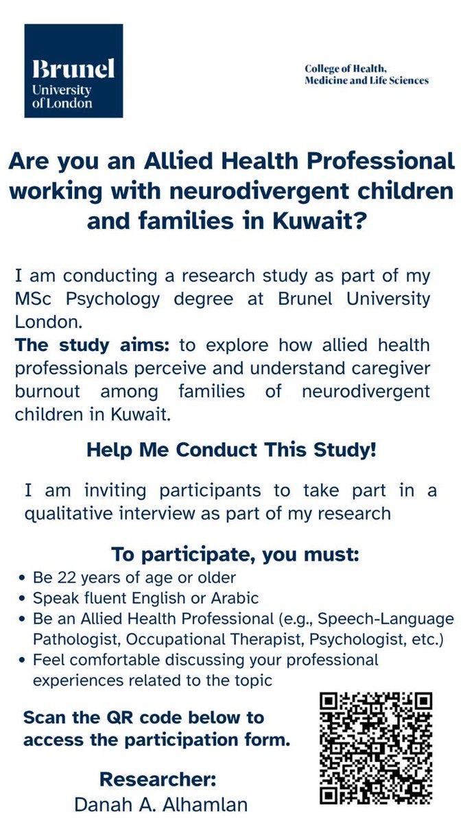 Danahalhamlan's tweet photo. 📢 Calling Allied Health Professionals in Kuwait!
I’m conducting a study exploring caregiver burnout among families of neurodivergent children.

If you’re an SLP, OT, or Psychologist, your insight matters!

💬 Participate through the link or QR code below. https://t.co/cS0jwYtAtu