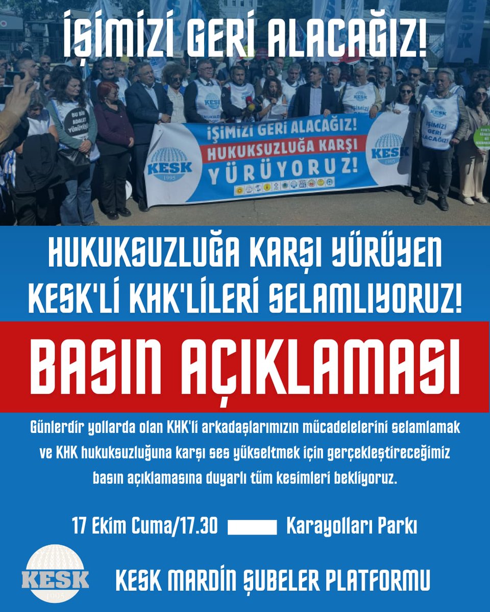 KHK zulmüne karşı KESK Şubeler Platformu bileşenlerinin bugün Mardin Karayollari Parkinda saat 17:30'da düzenleyeceği basın açıklamasına tüm sağlık emekcilerini ve halkımızı destek vermeye çağırıyoruz.
KHKLER GİDECEK BİZ KALACAĞIZ 
KESKLİ İHRACLAR ONURUMUZDUR.
<a href="/sesgenelmerkezi/">SES Genel Merkezi</a>