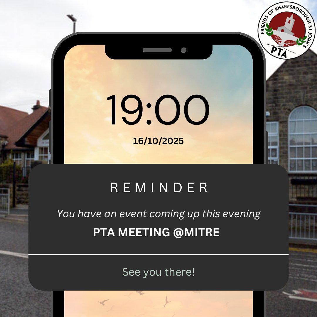 Reminder! ⏰
PTA Meeting tonight at 7pm at The Mitre Pub.
All parents and carers welcome — see you later! 👋 <a href="/KSJ_Primary/">KnaresboroughCE</a>