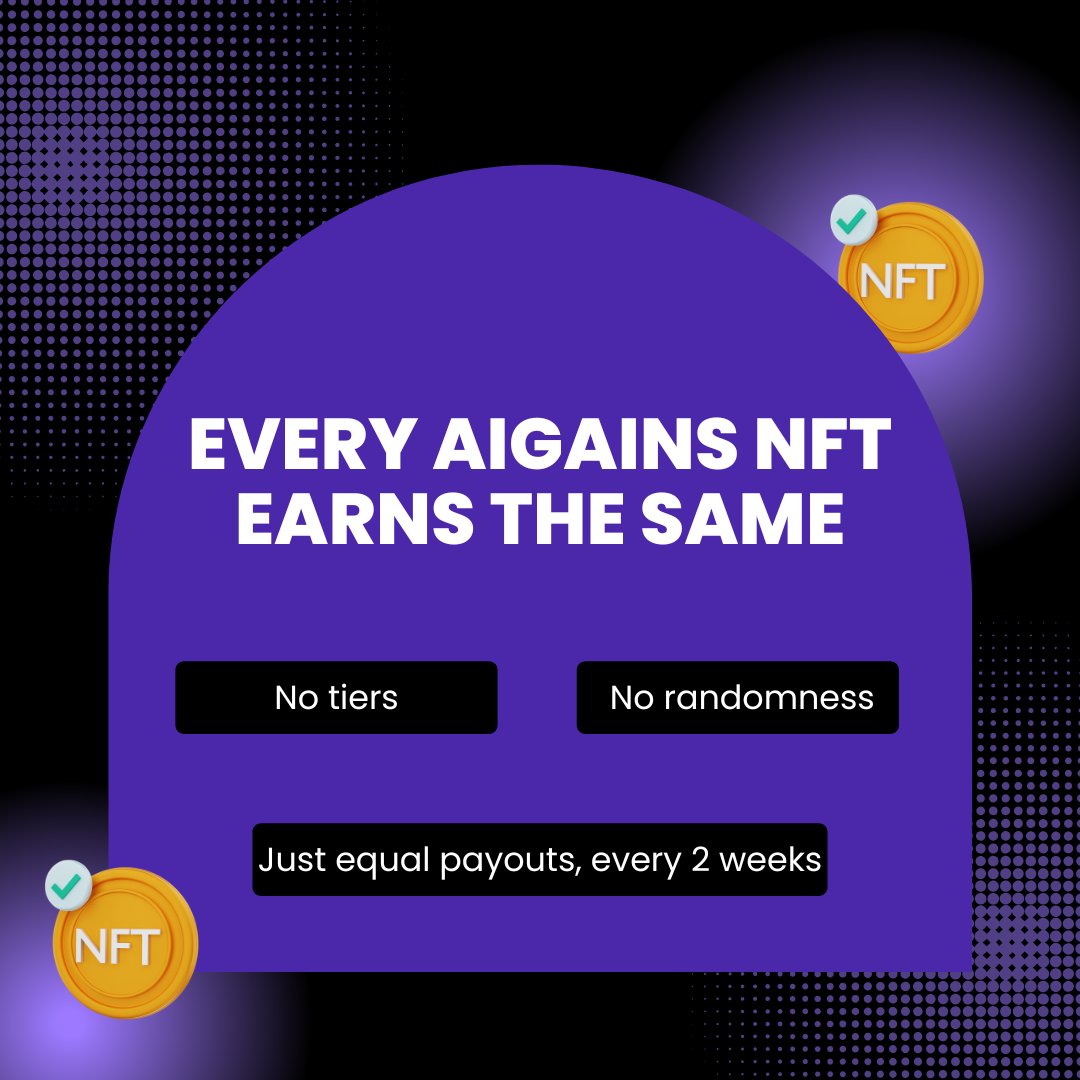 AIGains's tweet photo. Every AIgains NFT = Equal profit share
 ✅ No tiers
 ✅ No staking boosts
 ✅ No nonsense

 This is automated, fair crypto income.
 #DeFiFairness #NFTUtility #AIgainsTrust https://t.co/WYilbSt6bd