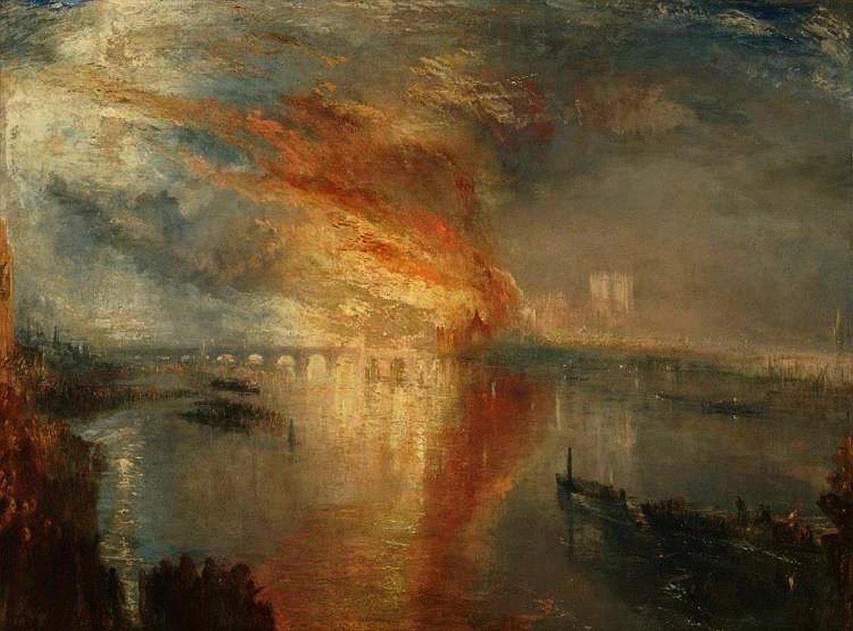 L'incendie de la Chambre des Lords et de la Chambre des Communes, le 16 octobre 1834 par William Turner (1775-1851).