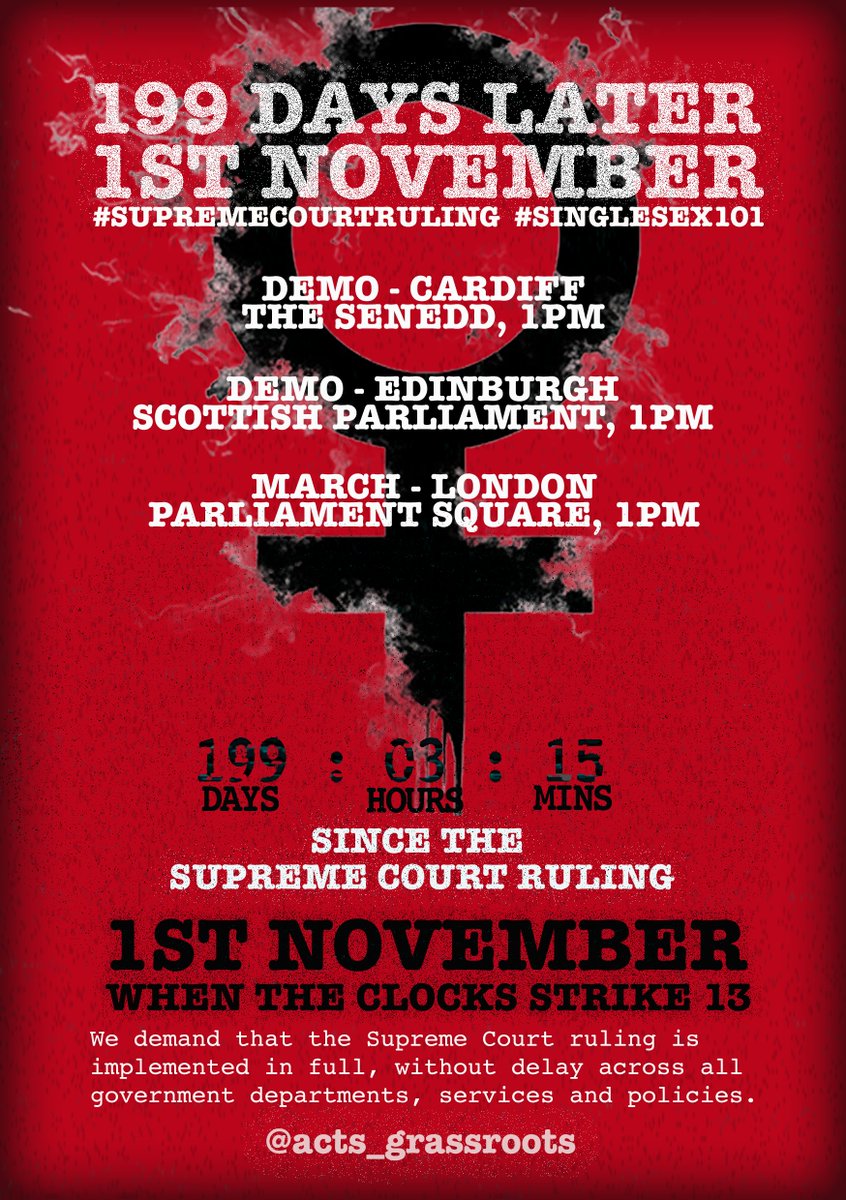 #199 Days Later (@acts_grassroots) on Twitter photo Join us on November 1st in Edinburgh, Cardiff or London. Let them know that we will not be ignored and the law shouldn't be either. #SingleSex101
<a href="/WWWheesht/">Women Won’t Wheesht</a> <a href="/women_outspoken/">Outspoken Women</a> <a href="/LGBAllies_Cymru/">LGB Alliance Cymru</a>
<a href="/MerchedCymru/">Merched Cymru</a> <a href="/WRNWales/">Wales-Women’s Rights Network 💜🤍💚🏴</a> Join us on November 1st in Edinburgh, Cardiff or London. Let them know that we will not be ignored and the law shouldn't be either. #SingleSex101
<a href="/WWWheesht/">Women Won’t Wheesht</a> <a href="/women_outspoken/">Outspoken Women</a> <a href="/LGBAllies_Cymru/">LGB Alliance Cymru</a>
<a href="/MerchedCymru/">Merched Cymru</a> <a href="/WRNWales/">Wales-Women’s Rights Network 💜🤍💚🏴</a>