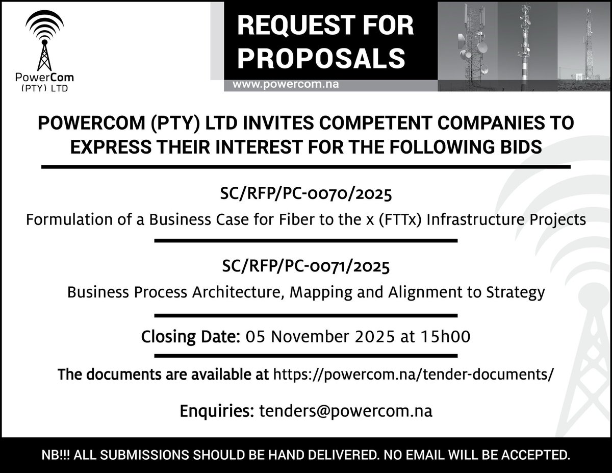 Expression of Interest:

Formulation of Business Case for Fiber to the x (FTTz) Infrastructure Projects 
&amp;
Business Process Architecture, Mapping and Alignment to Strategy 

#opportunities #towerbusiness #passiveinfrastructures