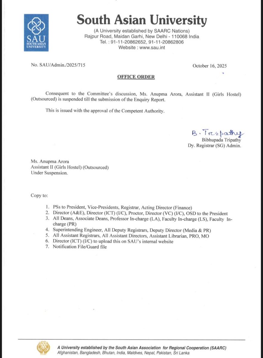 ANI's tweet photo. #WATCH | Delhi | Following an alleged sexual assault case in South Asian University, Dr Rinkoo Devi Gupta, Warden of Girls' hostel, relieved from wardenship immediately. Assistant II of Girl's hostel, Anupma Arora, to be suspended till submission of enquiry report: South Asian University