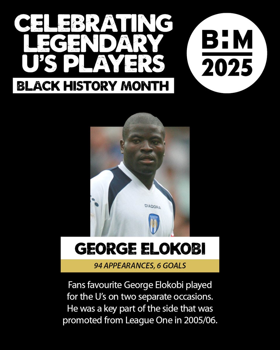 Colchester United Community Foundation (@colu_cf) on Twitter photo As part of #BlackHistoryMonth, we are celebrating some of the much-loved former <a href="/ColU_Official/">Colchester United FC</a> players who have made a lasting impact on the club's history. 💙
Up next is George Elokobi, 94 appearances and a key part of the 2005/06 promotion campaign. 💪🔵⚪
#ColU As part of #BlackHistoryMonth, we are celebrating some of the much-loved former <a href="/ColU_Official/">Colchester United FC</a> players who have made a lasting impact on the club's history. 💙
Up next is George Elokobi, 94 appearances and a key part of the 2005/06 promotion campaign. 💪🔵⚪
#ColU