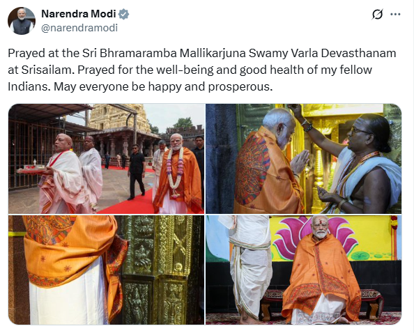 PTI_News's tweet image. Prime Minister of India, Narendra Modi (@narendramodi) posts, &quot;Prayed at the Sri Bhramaramba Mallikarjuna Swamy Varla Devasthanam at Srisailam. Prayed for the well-being and good health of my fellow Indians. May everyone be happy and prosperous.&quot;