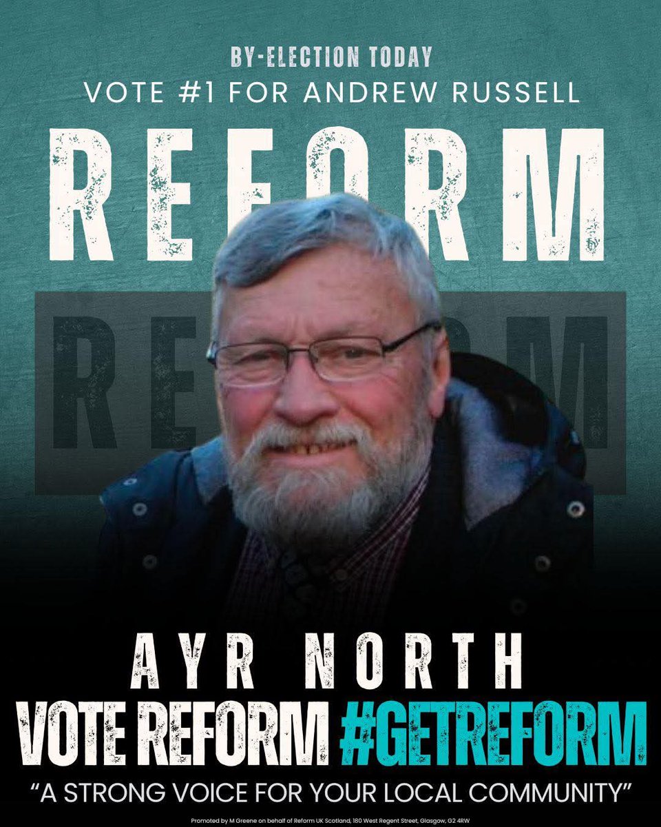 ReformUKScot's tweet image. Vote #1 today for Andrew Russell in the Ayr North by-election.

Ayr North needs Reform! 🏴󠁧󠁢󠁳󠁣󠁴󠁿