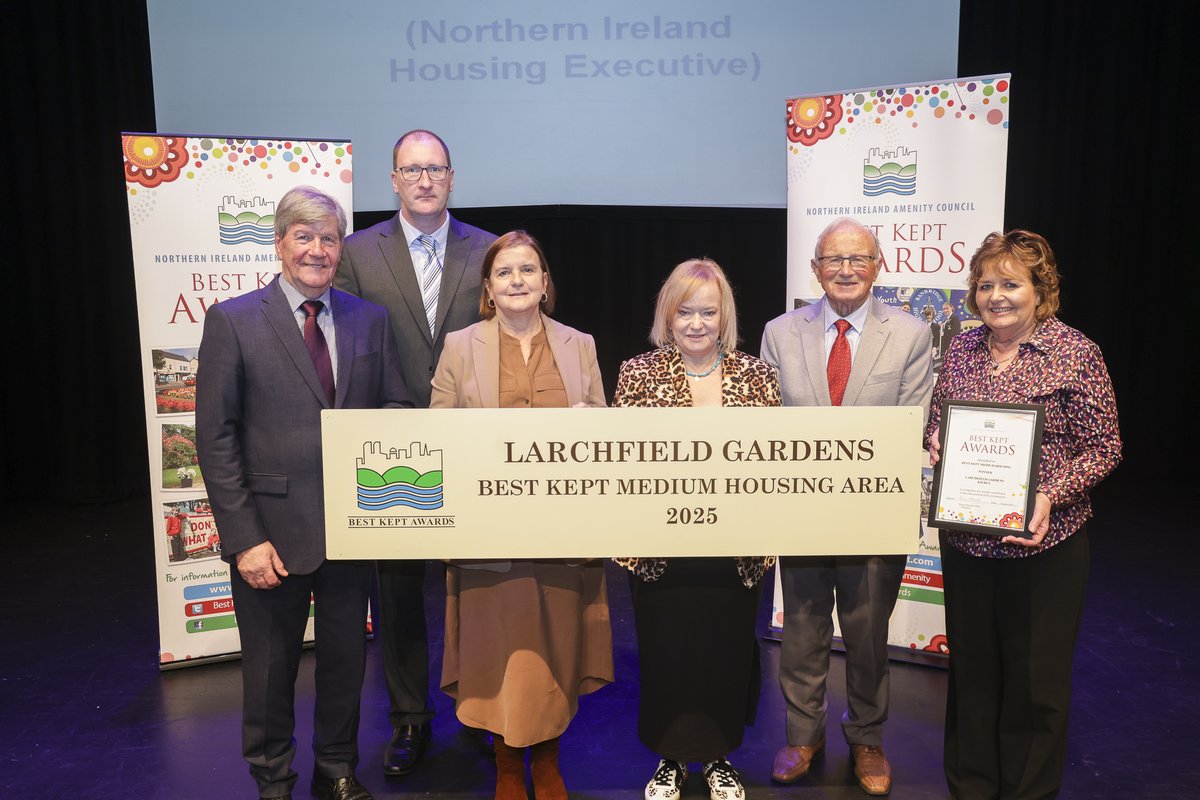 Congratulations to <a href="/nihecommunity/">Housing Executive</a> for Larchfield Gardens, Kilrea on being awarded the 'Best Kept Medium Housing Area' title at the 2025 Best Kept Awards ceremony.  A first time time win for this housing are.  Well done to everyone involved.