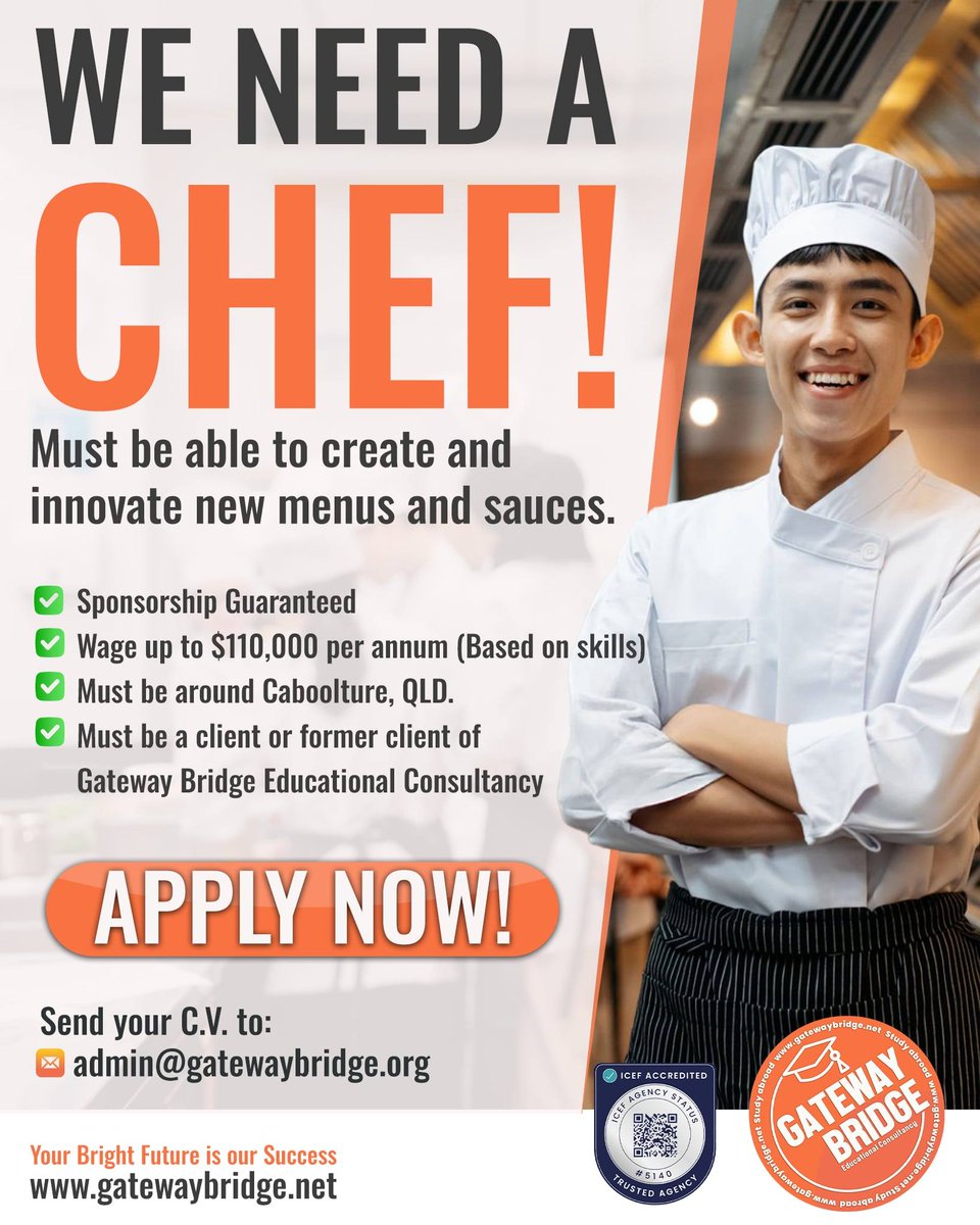 Gateway Bridge Educational Consultancy (@gatewaybridge) on Twitter photo This opportunity is yours. Don't waste another minute. APPLY NOW! Email your C.V. to
admin@gatewaybridge.org
#ApplyNow #Australia #chef This opportunity is yours. Don't waste another minute. APPLY NOW! Email your C.V. to
admin@gatewaybridge.org
#ApplyNow #Australia #chef