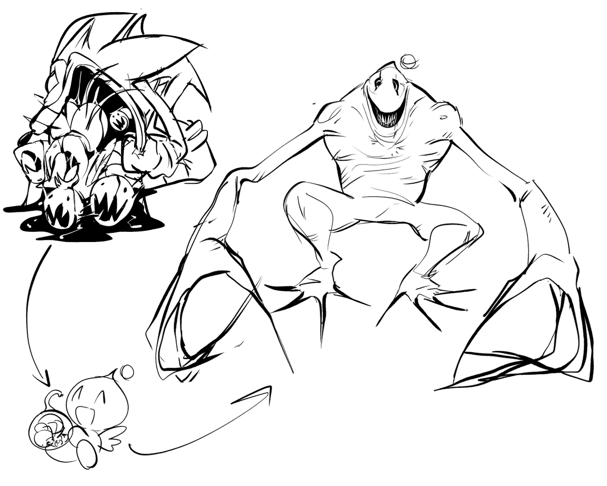 pug_boi69's tweet image. A design for what I think creatures chao's would look like, creature vomits these bug things and they burry into fruit and when a chao eats it they slowly become these things
art done by @crackitoes
creature by @SmolSafe
#sonicexe #exeoc #execommunity #horrorbrew