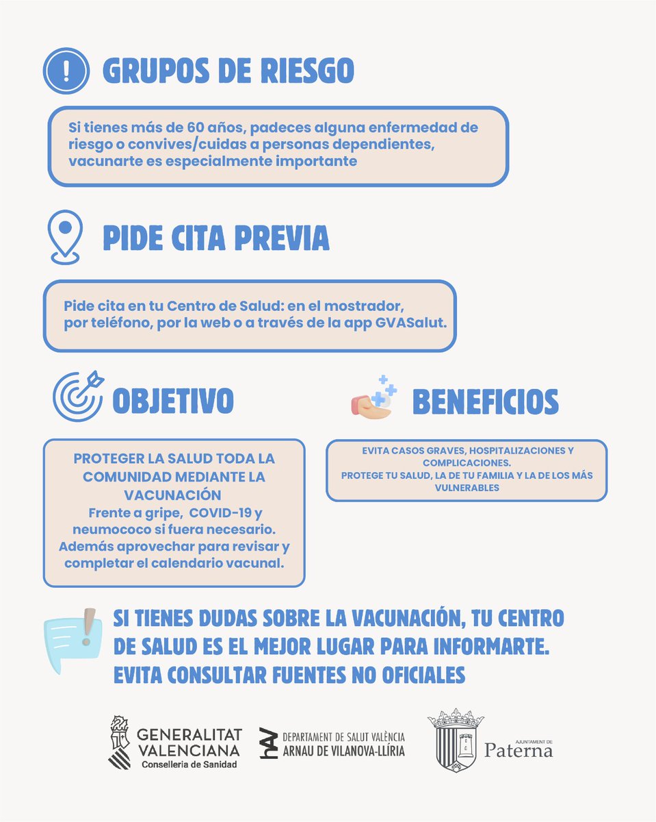 💉 CAMPAÑA DE VACUNACIÓN DE LA GRIPE Y COVID - PATERNA 2025

🙋 Ya puedes pedir tu cita: en tu Centro de Salud o a través de la app GVASalut.

Si tienes más de 60 años, padeces alguna enfermedad de riesgo o convives/cuidas a personas dependientes, vacunarte es muy importante