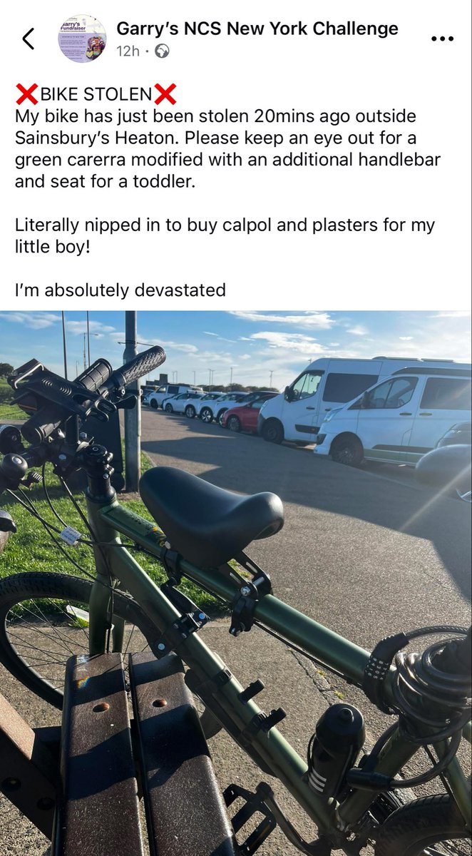 One of our <a href="/BenfieldJuniors/">Newcastle Benfield Juniors FC</a> coaches had their bike stolen last night. He is currently cycling to raise money for SEN children. 
Any help or information appreciated - drop us a message.