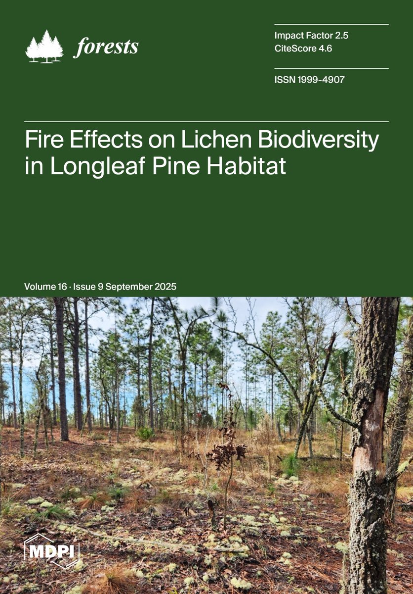 Forests_MDPI's tweet image. 🔥 New cover story in #Forests: Fire Effects on Lichen Biodiversity in Longleaf Pine Habitat 🌲
Read the article now!
📍mdpi.com/1999-4907/16/9…

Read more in Forests, Volume 16, Issue 9 at 🔗 mdpi.com/1999-4907/16/9

#ForestEcology #FireScience #Biodiversity #LongleafPine #Lichen