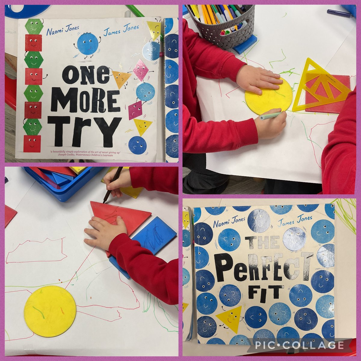 In Nursery we have been sharing stories about shapes. We have been using pens to draw around the shapes and discussing if they have straight or curved lines.
