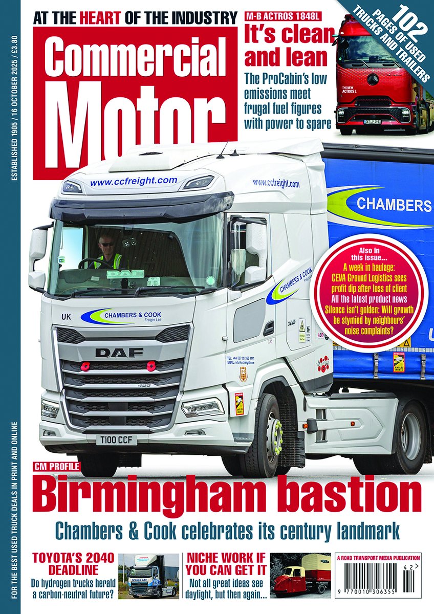 Comm_Motor's tweet image. ‼️OUT NOW: Commercial Motor 16 October 2025‼️

► Birmingham bastion – Chambers &amp;amp; Cook celebrates its century landmark

►Toyota’s 2040 Deadline – Do hydrogen trucks herald a carbon-neutral future?

To subscribe 👉 bit.ly/3UW1Tzc 

#CommercialMotor #Subscribe