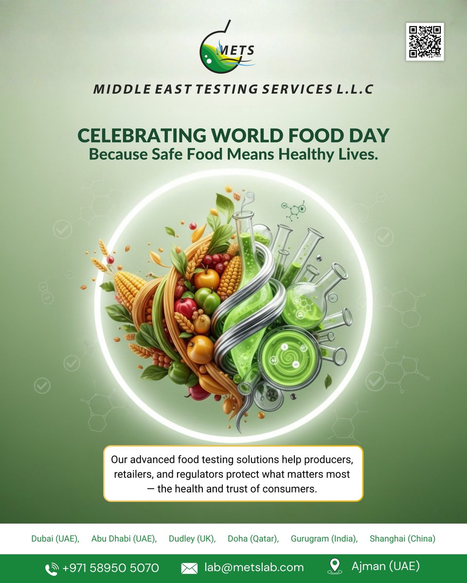 MetsLab_'s tweet image. Safe food = healthy lives. 
๐ This #WorldFoodDay, METS Lab helps brands protect consumers with advanced food testing. 
๐ UAE | UK | Qatar | India | China 
๐ +971 58950 5070 | ๐ฉ lab@metslab.com 
#FoodSafety #LabTested #GlobalCompliance #HealthyLife #FoodTesting #WorldFoodDay