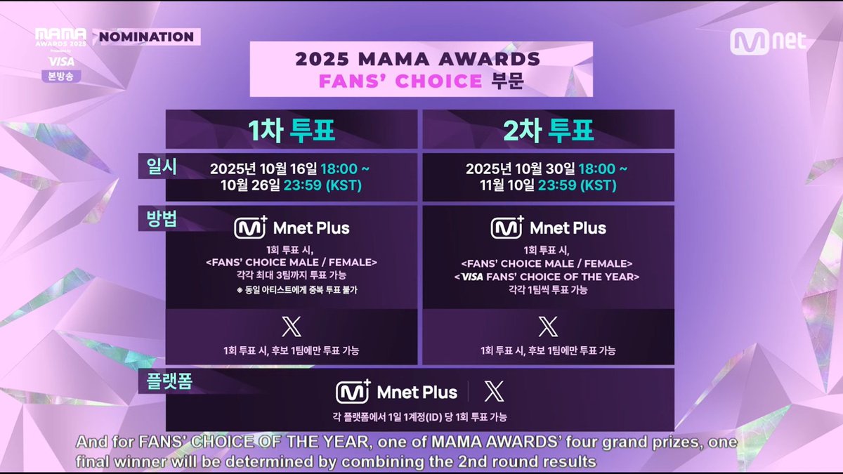 *

2025 MAMA Awards
Fans' Choice ( Male )

▫️ 1차 투표 :  2025/10/16  PM 06:00
                     ~  2025/10/26  PM 11:59
▫️ 2차 투표 :  2025/10/30  PM 06:00
                     ~  2025/11/10  PM 11:59

ㅡ
🔗youtube.com/live/bG_axQnbd…

#플레이브